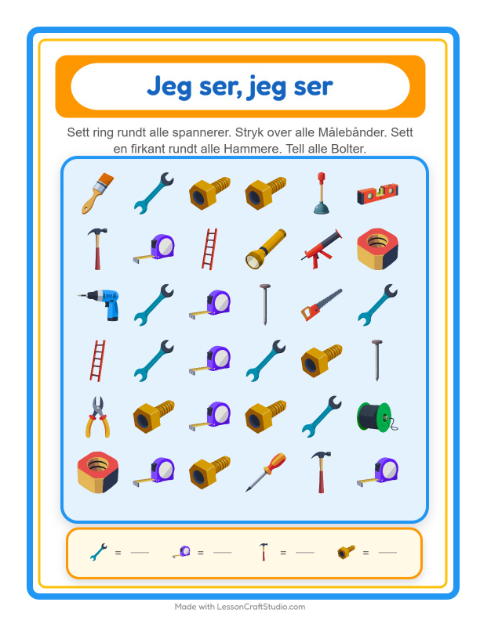Forhåndsvisning av Finn Og Tell-arbeidsark med Verktøy for Barnehage (3-5 år)