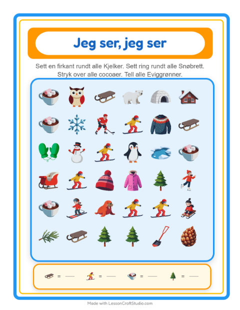Forhåndsvisning av Finn Og Tell-arbeidsark med Vinter for Barnehage (3-5 år)