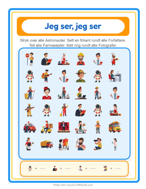 Forhåndsvisning av Finn Og Tell-arbeidsark med Yrker for Barnehage (3-5 år)