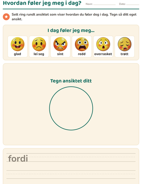 Forhåndsvisning av Følelser-arbeidsark for Barnehage (5-7 år)