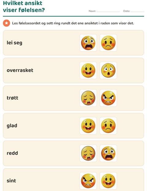 Forhåndsvisning av Følelser-arbeidsark for Barnehage (5-7 år)