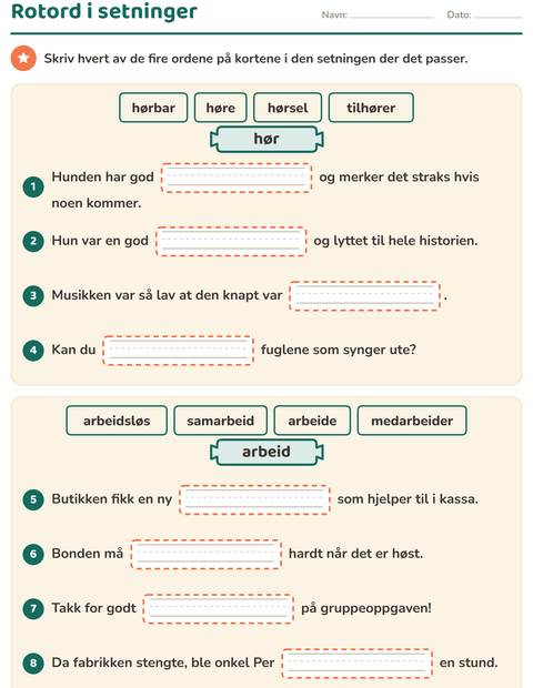 Forhåndsvisning av Forstavelser, endelser og rotord-arbeidsark for 3. trinn