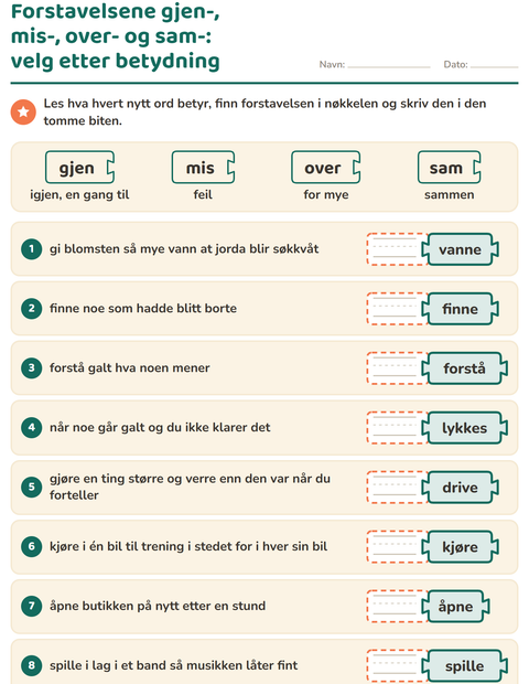 Forhåndsvisning av Forstavelser, endelser og rotord-arbeidsark for 2. trinn