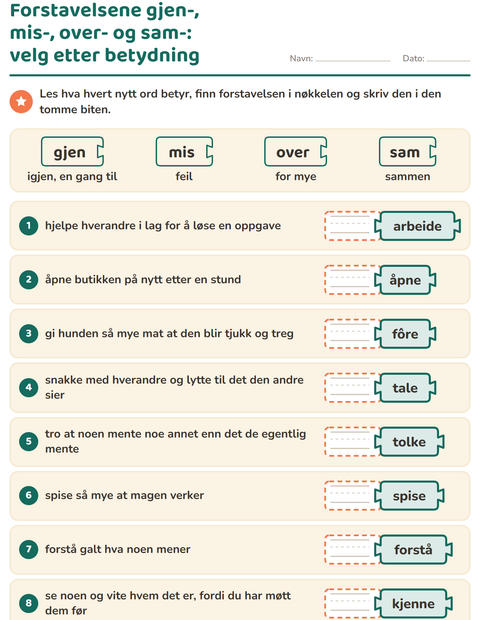 Forhåndsvisning av Forstavelser, endelser og rotord-arbeidsark for 2. trinn