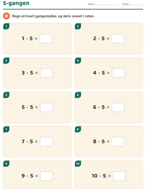 5-gangen – hele stigen fra 1 · 5 til 10 · 5