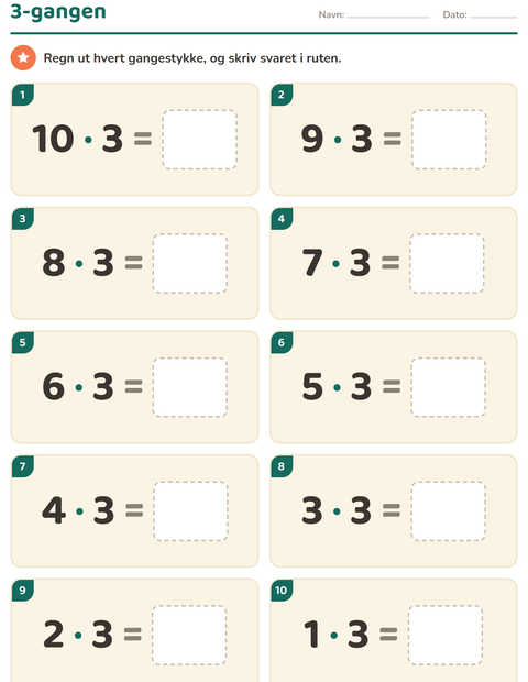 Forhåndsvisning av Gangetabellen-arbeidsark for 3. trinn