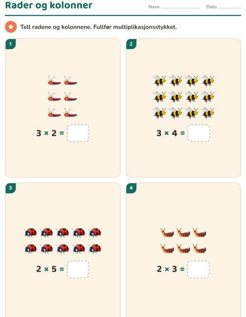 Forhåndsvisning av Ganging med rader-arbeidsark med Insekter og kryp for 2. trinn
