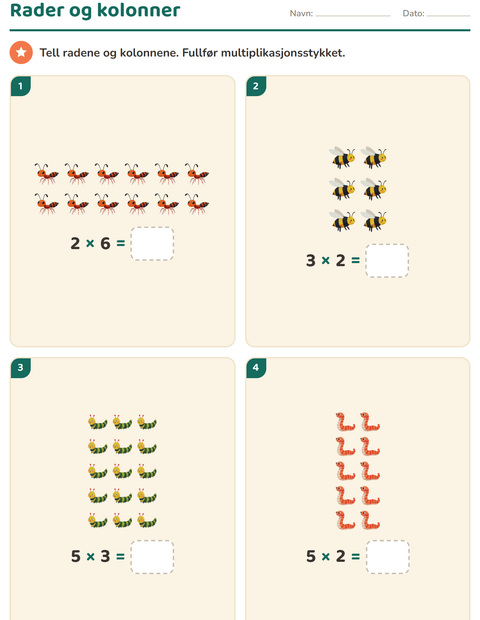 Forhåndsvisning av Ganging med rader-arbeidsark med Insekter og kryp for 2. trinn