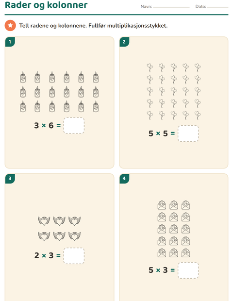 Forhåndsvisning av Ganging med rader-arbeidsark med Valentinsdag SH for 2. trinn