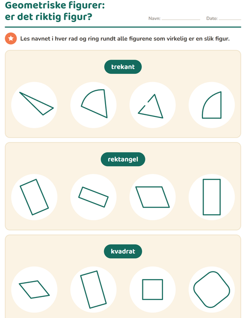 Forhåndsvisning av Geometriske figurer-arbeidsark for 1. trinn