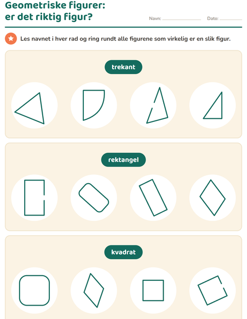 Forhåndsvisning av Geometriske figurer-arbeidsark for 1. trinn