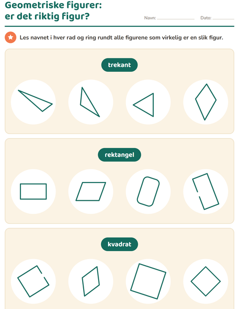 Forhåndsvisning av Geometriske figurer-arbeidsark for 1. trinn