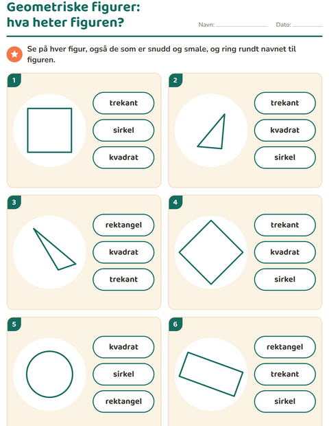 Forhåndsvisning av Geometriske figurer-arbeidsark for Barnehage (5-7 år)