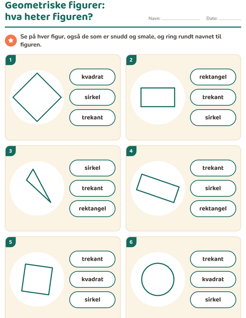 Forhåndsvisning av Geometriske figurer-arbeidsark for Barnehage (5-7 år)