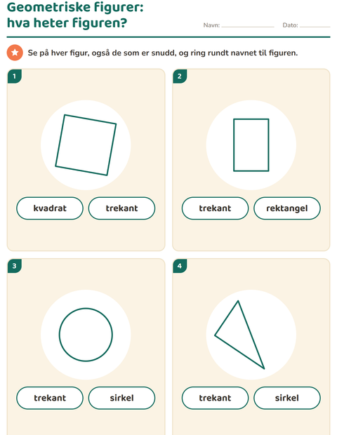 Forhåndsvisning av Geometriske figurer-arbeidsark for Barnehage (5-7 år)