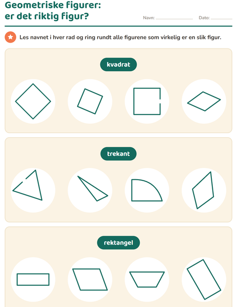 Forhåndsvisning av Geometriske figurer-arbeidsark for 1. trinn
