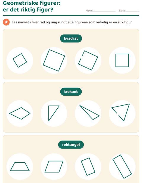 Forhåndsvisning av Geometriske figurer-arbeidsark for 1. trinn