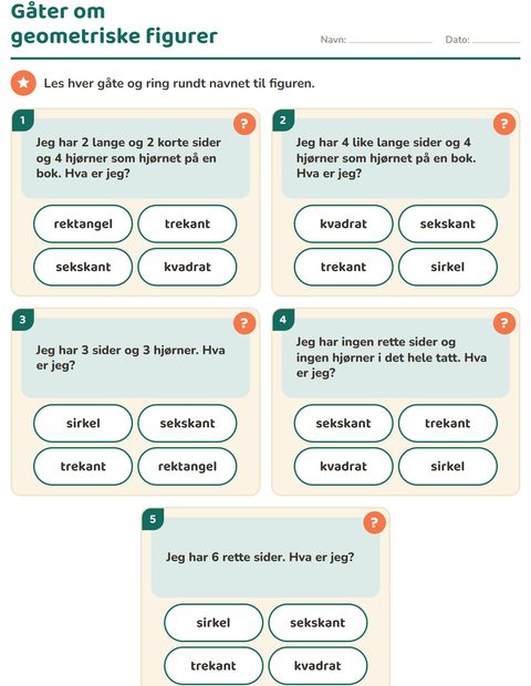 Forhåndsvisning av Geometriske figurer-arbeidsark for 1. trinn