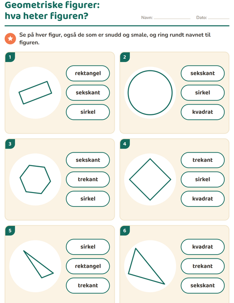 Forhåndsvisning av Geometriske figurer-arbeidsark for Barnehage (5-7 år)