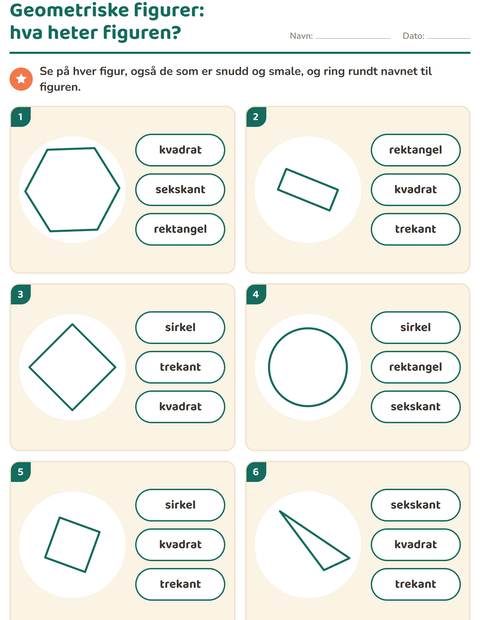 Forhåndsvisning av Geometriske figurer-arbeidsark for Barnehage (5-7 år)