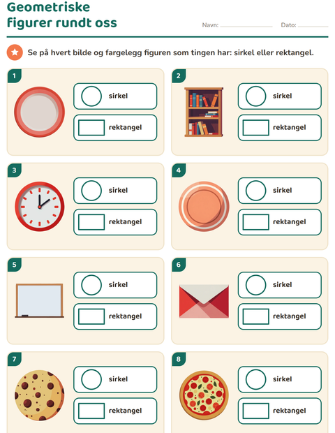Forhåndsvisning av Geometriske figurer-arbeidsark for Barnehage (5-7 år)