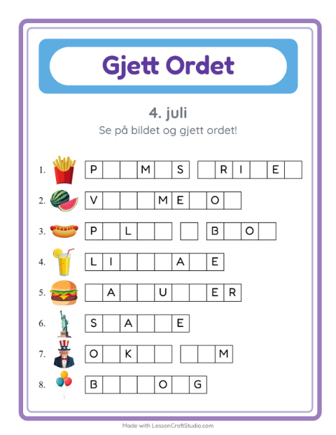 Forhåndsvisning av Gjett Ordet-arbeidsark med 4. juli for Barnehage (5-7 år)