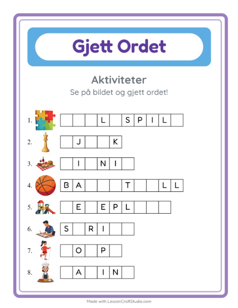 Forhåndsvisning av Gjett Ordet-arbeidsark med Aktiviteter for Barnehage (5-7 år)