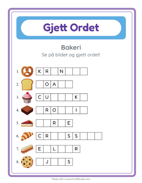 Forhåndsvisning av Gjett Ordet-arbeidsark med Bakeri for Barnehage (5-7 år)
