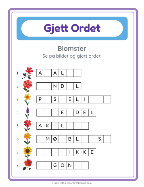 Forhåndsvisning av Gjett Ordet-arbeidsark med Blomster for Barnehage (5-7 år)