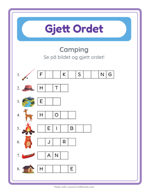 Forhåndsvisning av Gjett Ordet-arbeidsark med Camping for Barnehage (5-7 år)