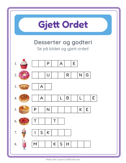 Forhåndsvisning av Gjett Ordet-arbeidsark med Desserter og godteri for Barnehage (5-7 år)