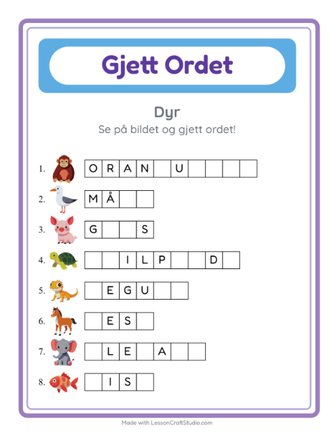 Forhåndsvisning av Gjett Ordet-arbeidsark med Dyr for Barnehage (5-7 år)