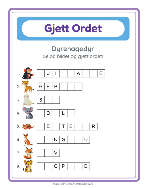Forhåndsvisning av Gjett Ordet-arbeidsark med Dyrehagedyr for Barnehage (5-7 år)