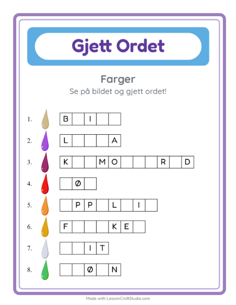 Forhåndsvisning av Gjett Ordet-arbeidsark med Farger for Barnehage (5-7 år)