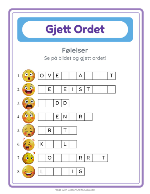 Forhåndsvisning av Gjett Ordet-arbeidsark med Følelser for Barnehage (5-7 år)