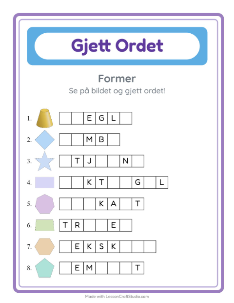 Forhåndsvisning av Gjett Ordet-arbeidsark med Former for Barnehage (5-7 år)