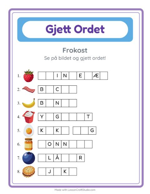 Forhåndsvisning av Gjett Ordet-arbeidsark med Frokost for Barnehage (5-7 år)