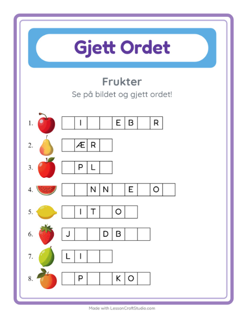 Forhåndsvisning av Gjett Ordet-arbeidsark med Frukter for Barnehage (5-7 år)