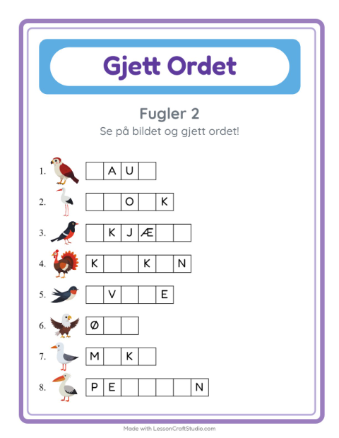 Forhåndsvisning av Gjett Ordet-arbeidsark med Fugler 2 for Barnehage (5-7 år)