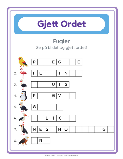 Forhåndsvisning av Gjett Ordet-arbeidsark med Fugler for Barnehage (5-7 år)