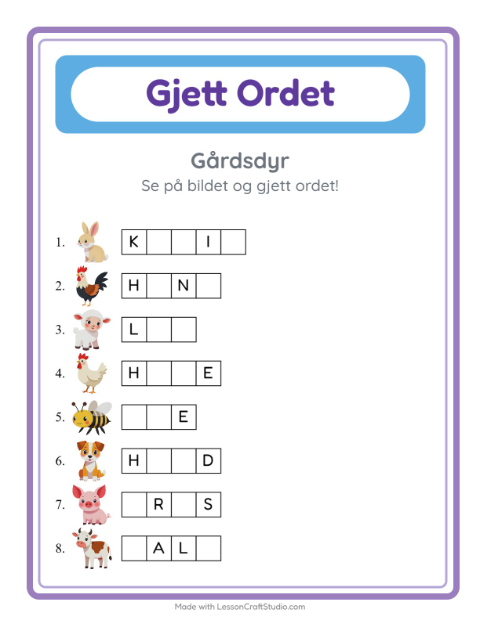 Forhåndsvisning av Gjett Ordet-arbeidsark med Gårdsdyr for Barnehage (5-7 år)