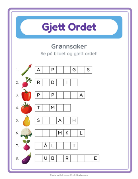 Forhåndsvisning av Gjett Ordet-arbeidsark med Grønnsaker for Barnehage (5-7 år)