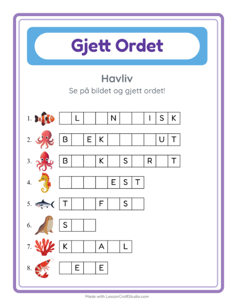 Forhåndsvisning av Gjett Ordet-arbeidsark med Havliv for Barnehage (5-7 år)