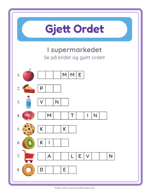 Forhåndsvisning av Gjett Ordet-arbeidsark med I supermarkedet for Barnehage (5-7 år)
