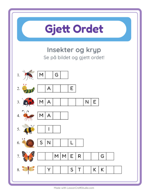 Forhåndsvisning av Gjett Ordet-arbeidsark med Insekter og kryp for Barnehage (5-7 år)