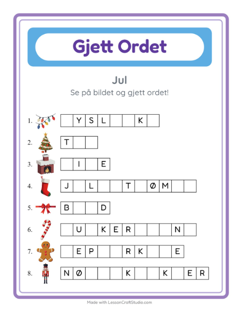 Forhåndsvisning av Gjett Ordet-arbeidsark med Jul for Barnehage (5-7 år)