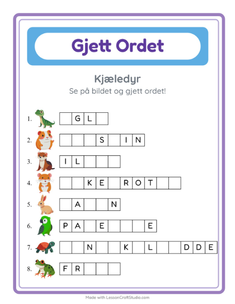 Forhåndsvisning av Gjett Ordet-arbeidsark med Kjæledyr for Barnehage (5-7 år)