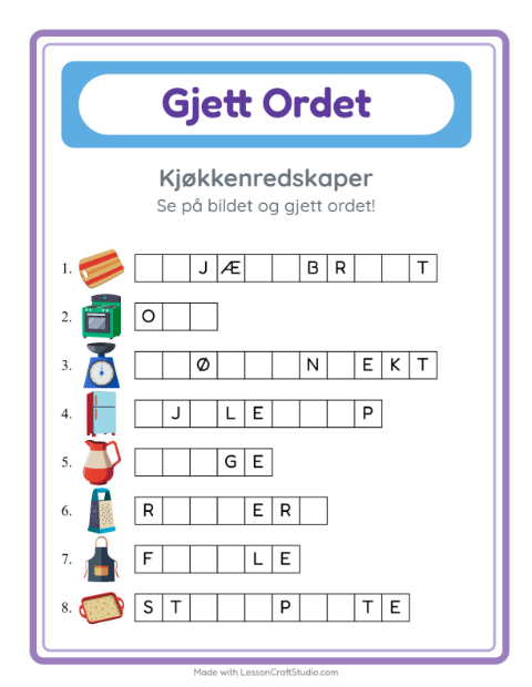 Forhåndsvisning av Gjett Ordet-arbeidsark med Kjøkkenredskaper for Barnehage (5-7 år)
