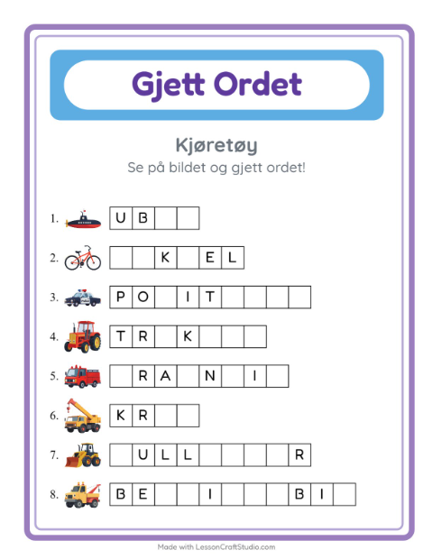 Forhåndsvisning av Gjett Ordet-arbeidsark med Kjøretøy for Barnehage (5-7 år)