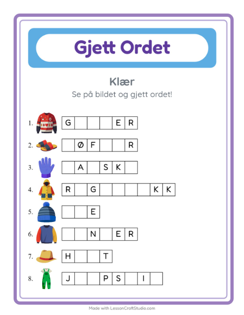 Forhåndsvisning av Gjett Ordet-arbeidsark med Klær for Barnehage (5-7 år)